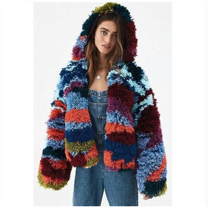 Free People Multicolor Shaggy Teddy Jacket in Blue, Red, Orange, Green